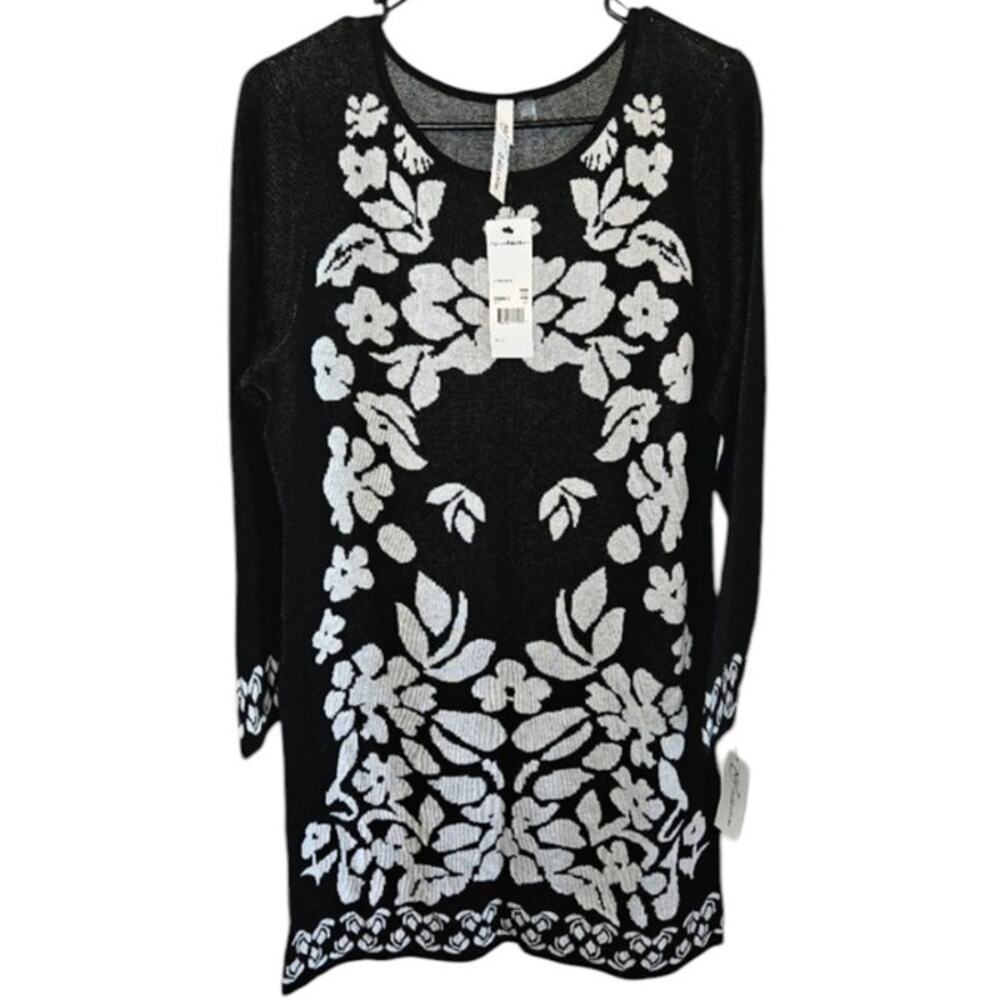 NWT NY Collection Floral Dana Sweater Dress Women's Size S Black White Sleeves - Picture 2 of 9